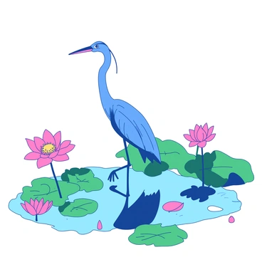A blue heron is standing gracefully on one leg in the center of a pond filled with blooming pink lotus flowers. The heron's long neck is elegantly extended, and its feathers are ruffled slightly by a gentle breeze. Surrounding the heron, the vibrant green leaves of the lotus plants float on the water's surface, which reflects the soft colors of the flowers. A few lotus buds are also present, adding to the scene's richness and beauty. The overall composition captures a tranquil moment in nature.