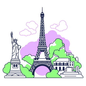 A frontispiece showcasing a variety of famous landmarks from around the world. In the center, there is a detailed illustration of the "Eiffel Tower," characterized by its intricate iron lattice design. To the left, the "Statue of Liberty" stands tall, holding a torch above her head. On the right, the "Great Wall of China" is depicted winding across mountainous terrain. In the background, the "Colosseum" can be seen partially obscured by clouds, adding depth to the scene. Each landmark is surrounded by stylized foliage and clouds enhancing their prominence.