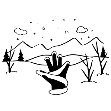 A hand composed of shifting shapes and patterns that resemble aurora borealis lights, positioned in the center of a snowy landscape. The ground is covered in a thick layer of snow, with soft drifts forming around the hand. Snowflakes gently fall from the cloudy sky above, creating a serene atmosphere. In the background, there are distant mountains with jagged peaks, partially shrouded in mist. The entire scene is framed by a few sparse, leafless trees, their branches lightly dusted with snow.