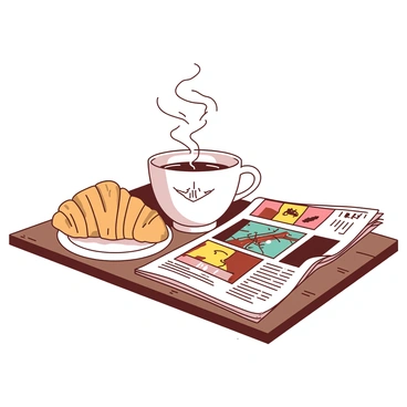 A white steaming cup of coffee is placed on a wooden table. The cup is adorned with a delicate design and emits wisps of steam rising into the air. Next to the cup, there is a golden brown croissant, flaky and perfectly baked, resting on a small white plate. To the side, there is a folded morning newspaper with visible headlines and colorful images, casually placed on the table beside the coffee. The scene captures a cozy morning atmosphere.
