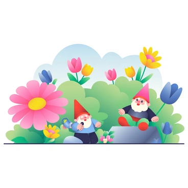 A whimsical garden is filled with oversized flowers in vibrant colors, including large pink daisies, bright yellow sunflowers, and deep blue tulips. Among the flowers, there are playful garden gnomes with cheerful expressions. One gnome is wearing a red hat and holding a tiny watering can, while another gnome is sitting cross-legged on a rock, surrounded by flowers. In the background, there are lush green bushes and a clear blue sky, creating a lively and enchanting atmosphere.