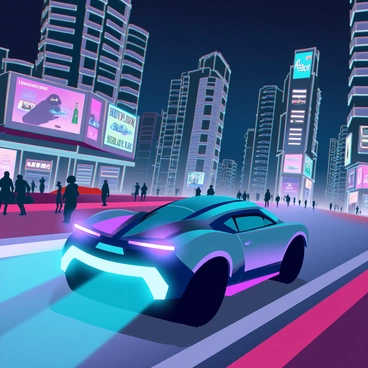 A futuristic car with a sleek, aerodynamic design, glowing blue and purple accents, is zooming down a bustling street in a cyberpunk cityscape. The car's headlights emit a bright beam as it speeds past. Tall buildings surround the street, adorned with vibrant neon signs in various colors, flashing advertisements for advanced technology and nightlife. The sky above is dark, contrasting with the colorful lights illuminating the scene. A few pedestrians in modern attire are visible on the sidewalks, captivated by the spectacle of the high-speed vehicle.