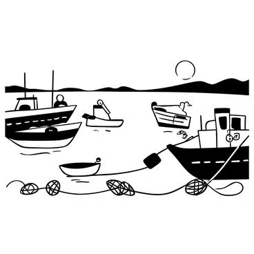 Boats gently bobbing in a quiet harbor, with some boats tethered to wooden docks. The water reflects the shapes of the boats and the gentle ripples created by their movements. The horizon shows the silhouette of distant hills and a calm sky transitioning into darker tones as the sun sets. A few seagulls are perched on the docks, adding to the tranquil atmosphere. The entire scene is framed by scattered fishing nets and buoys, enhancing the harbor setting.