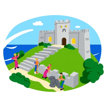 A group of conquistadors in colorful armor is actively constructing a stone fortress on a hillside. The fortress features thick stone walls, large arched windows, and a tall watchtower that reaches towards the sky. The hillside is lush with green vegetation, and in the background, the deep blue sea sparkles under the sun. A few conquistadors are seen lifting heavy stones, while others are stacking them carefully to create the fortress walls. The scene conveys a sense of industriousness and determination.