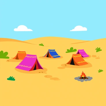 A group of traditional nomadic tents with vibrant patterns is set up in an expansive African desert. The tents are made of brightly colored fabric, with intricate designs that reflect local culture. The golden sands stretch out in all directions, dotted with sparse vegetation. A clear blue sky with a few fluffy white clouds serves as the backdrop. A warm light casts soft shadows on the ground, revealing footprints in the sand around the tent area. A small campfire with stones encircling it is situated nearby, adding a sense of warmth to the scene.