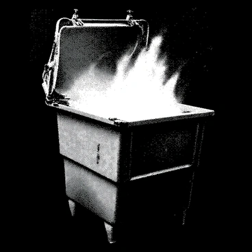 A floating dumpster filled with flames is suspended in outer space. The dumpster has metallic details and appears dented, with smoke billowing out from its open lid. Stars can be seen against the deep black backdrop of space, providing a stark contrast to the fiery scene. The flames flicker and dance within the confines of the dumpster, casting light and shadows on the surrounding area.