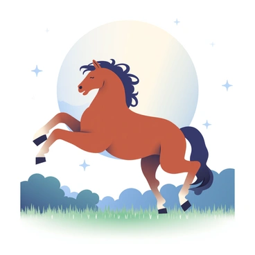 A muscular bucking horse with a glossy chestnut coat is leaping into the air against a backdrop of a large, luminous full moon. The moon casts a silvery glow over the scene, illuminating the quiet field below, which is covered in tall, gently swaying grass. The horse's mane and tail are flowing wildly as it bucks, showcasing its powerful physique and spirited energy. In the distance, dark silhouettes of trees frame the field, adding depth to the tranquil landscape. The sky is clear with scattered stars twinkling softly, enhancing the serene atmosphere of the night.