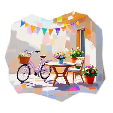 A vintage-inspired patio features an old-fashioned bicycle with a decorative basket resting against a wooden railing. Colorful bunting made of fabric in various patterns and hues is strung across the patio, gently fluttering in the breeze. The patio floor is tiled with patterned ceramic tiles, and a small wooden table with a vase of fresh flowers sits in the center. Surrounding the table are mismatched chairs, each exhibiting a unique vintage design. Potted plants with vibrant blooms are placed at the corners, adding a touch of greenery to the scene.