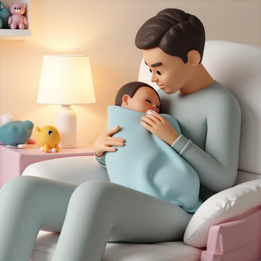 A parent, wearing a soft gray sweater and comfortable pajama pants, is gently cradling a newborn baby swaddled in a light blue blanket. The parent is seated in a cozy rocking chair, surrounded by plush cushions. The soft glow from a nearby lamp illuminates the scene, casting warm light across the room. The parent is looking down at the baby with a tender expression, while the baby is peacefully feeding, eyes closed, nestled comfortably against the parent's shoulder. Soft toys are arranged on a nearby shelf, adding a sense of warmth and comfort to the nighttime setting.