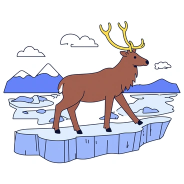 A caribou standing on the edge of an ancient glacier. The caribou has a thick brown fur coat and impressive antlers that branch out elegantly. The glacier beneath its hooves has a textured surface with shades of blue and white, reflecting the sunlight. Surrounding the glacier, there are rocky outcrops and patches of snow. In the background, distant mountains rise high, capped with snow. The sky is clear with a few fluffy white clouds scattered above.