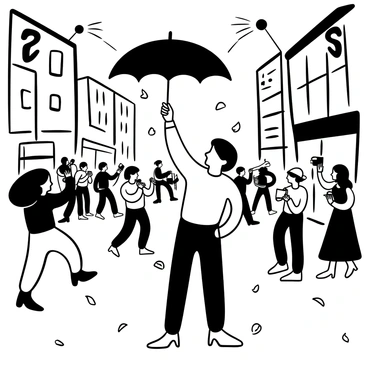 A celebrity wearing a stylish outfit is holding a black umbrella above their head, shielding themselves from bright flashbulbs emitted by cameras in the air. Surrounding them are blurred figures of photographers with cameras, capturing the moment. The busy city street is lined with tall buildings, and there are blurred pedestrians in the background, creating a sense of chaos and movement. The ground is covered with scattered leaves, adding detail to the street scene.