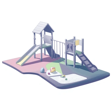 A children's playground with various play structures, including a swing set, a slide, and a climbing frame. The playground is empty, with no children present due to the intense heat. Dust covers the ground, creating a layer over the colorful rubber mats and sand in the sandbox. The sun casts strong shadows from the structures, emphasizing the stillness of the scene. Nearby, a few scattered toys lay untouched, adding to the sense of abandonment in the playground.