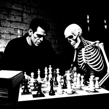 Frankenstein's monster, a large figure with green skin and visible stitches across its face, is seated at a wooden chess table. Opposite him is a skeleton, its bony structure clearly defined, with hollow eye sockets that seem to gaze intently at the chessboard. The room is dimly lit by flickering candles, their warm glow casting shadows on the stone walls. The chessboard in front of them is set up with pieces in mid-game, a mix of black and white pieces standing tall. A thick, old book lies open on the table, adding to the atmosphere of the scene. The overall setting conveys a sense of concentration as both players appear deep in thought.