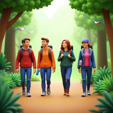 A group of four friends walking along a forest trail. The friends are dressed in casual outdoor clothing, such as jackets, hiking pants, and sturdy shoes. They carry backpacks and water bottles as they navigate the path. The forest is lush with green trees, ferns, and undergrowth, and dappled sunlight filters through the leaves above. The friends are smiling and chatting, enjoying their time together while observing the natural surroundings. A few birds can be seen perched on branches, adding to the lively atmosphere.