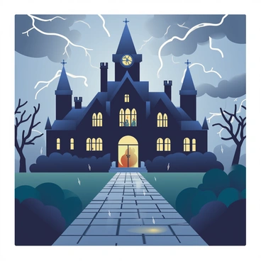 A spooky haunted mansion on a stormy night, with ghosts peeking through the windows