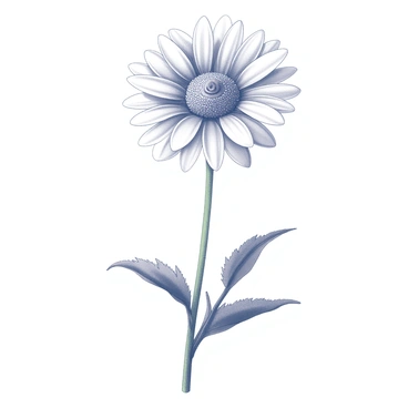 A detailed botanical sketch of a "daisy" is presented, capturing its intricate structure. The flower features multiple layers of "petals" radiating from a central "disk", which is filled with numerous tiny "florets". The leaves are shown with distinct serrated edges, growing from a slender green "stem". The sketch includes annotations labeling key features, such as the "ray florets" and "disc florets". The overall composition is clear and precise, emphasizing botanical accuracy and detail in the representation.