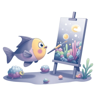 A cartoon fish is situated on a vibrant coral reef. It is using fins to hold a paintbrush, skillfully applying paint to a large canvas set up in front of it. The canvas displays a lively seascape filled with various underwater elements such as colorful corals, playful bubbles, and other marine life. The fish is brightly colored, with exaggerated features to enhance its cartoonish appearance. Surrounding the fish are additional corals and small sea creatures observing the painting process, contributing to a lively underwater atmosphere.