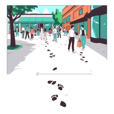 A white sidewalk is marked with various footprints, showing a mix of shoe sizes and patterns. In the background, there are colorful shopfronts painted in shades of teal and orange, displaying merchandise in their windows. Many people are walking along the busy sidewalk, some carrying shopping bags, while others are engaged in conversation. A couple of trees can be seen lining the street, adding to the lively urban atmosphere. The sky is clear, allowing natural light to brighten the scene.