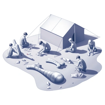 An excavation site with paleontologists actively working. There are several researchers, some kneeling in the dirt while carefully brushing away soil around large dinosaur fossils. Tools such as brushes, chisels, and trowels are scattered around the area. Large bones, partially exposed, show distinct dinosaur features. Nearby, a large canvas tent provides shelter for equipment and field notes. The ground is uneven with scattered rocks and dirt piles, indicating recent digging activities. A bright sun casts shadows of the researchers onto the ground, highlighting the details of their work.