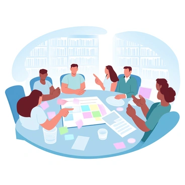 A group of young entrepreneurs is gathered around a large table in a modern library. They are intently discussing and collaborating on a business model canvas laid out in front of them. Some are taking notes on digital devices, while others are pointing at various sections of the canvas. The library features tall shelves filled with books and large windows that allow natural light to flood the space. Various colorful sticky notes are scattered around the table, showcasing their ideas. Laptops and coffee cups are also present on the table, adding to the atmosphere of creativity and productivity.