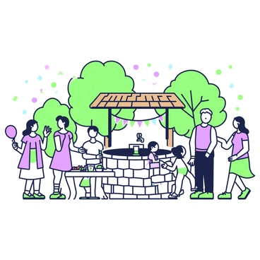 A lively gathering is taking place around a central well. The well is made of stone and has a wooden roof above it. Colorful decorations, including green and purple streamers, are hung from the surrounding trees. People are mingling, some are dancing while others are chatting with drinks in their hands. A group of three children is playing nearby, one holding a balloon. There are tables set up with food, and colorful plates and cups are arranged on them. In the background, fairy lights are twinkling, adding to the festive atmosphere.