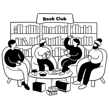 A group of men and women sitting in a circle on comfortable chairs, each holding a book. A table in the center displays an array of snacks and drinks. Piles of books are scattered around them. Some participants are gesturing with their hands while others are listening attentively. A large bookshelf in the background is filled with various novels. The atmosphere suggests a warm and inviting setting, with soft lighting enhancing the scene. "Book Club" is written on a banner hanging above.