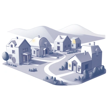 A village scene with multiple houses, each uniquely shaped like a burrito. The houses feature rounded forms, mimicking the look of a wrapped burrito with soft edges. Each structure has details like windows and doors integrated into the burrito design, with some houses showcasing various toppings represented by colorful accents. The village is set against a backdrop of rolling hills, with dirt paths winding between the burrito houses, leading to a central gathering area. There are trees and garden spaces around, adding to the cozy, community feel of the village.