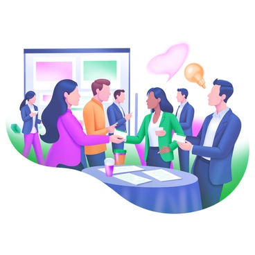 A crowded networking event where professionals are actively exchanging business cards and ideas. Several individuals are standing in small groups, discussing animatedly, with expressions of enthusiasm. Each person is dressed in business attire, showcasing a variety of colors and styles. In the foreground, one professional is extending a business card towards another, while a group in the background is engaged in a conversation, with papers and drinks on a table nearby. Bright lights and vibrant decorations can be seen in the event space, adding to the energetic atmosphere.