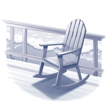 A wooden rocking chair is positioned on a beach porch, made of weathered wood with a natural finish. The chair features curved rockers and a slatted backrest, inviting relaxation. In the background, waves are gently crashing against the shore, creating a rhythmic pattern of foam and water movement. The porch is adorned with simple railing and offers a view of the ocean, adding to the coastal atmosphere.