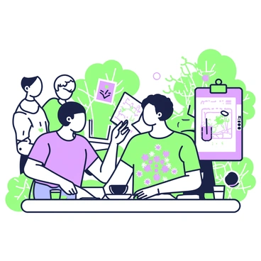 An illustrator is sitting outdoors at a wooden table, sketching a detailed nature scene on a notepad. The artist has short hair and wears a comfortable t-shirt and jeans. Next to the illustrator, there are a few nature-themed sketches pinned to a clipboard. In the background, several fellow artists are gathered, engaged in discussion. One artist is pointing at a sketch while another is taking notes on a tablet. Surrounding them are lush trees and a gentle breeze creating movement in some nearby wildflowers. A small paint set is on the table, alongside a cup of coffee.