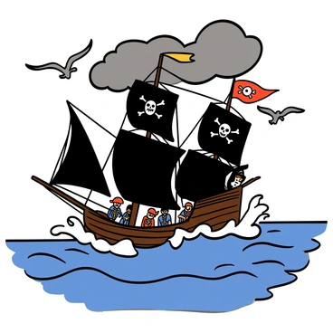 A large pirate ship with dark wooden sails and a skull and crossbones flag is navigating through turbulent ocean waves. The ship has multiple masts, with ropes and rigging visible, as it tilts to one side. The sea is choppy, with white foam cresting on the waves. Dark clouds loom overhead, hinting at an approaching storm. Seagulls are flying in the sky, and the ship's crew, wearing pirate attire, can be seen actively managing the sails and navigating the vessel.