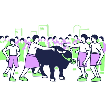 A group of young men is participating in a Jallikattu event in an open field. They are wearing traditional attire, consisting of lungis and t-shirts. The men are energetically attempting to tame a large bull, which is strong and muscular, standing with its head lowered. Some of the participants are gripping the bull's horns, while others are positioned around it, showcasing determination on their faces. The background features a crowd of spectators, some clapping and cheering, while others are taking pictures. The setting is vibrant, filled with excitement as the event unfolds.