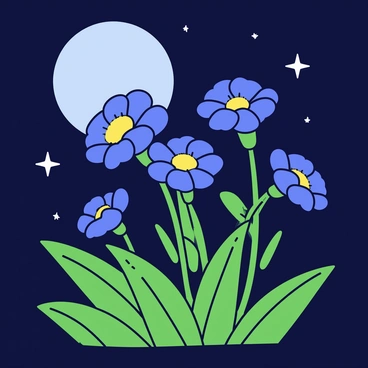 Cornflowers with delicate blue petals are gently illuminated by the soft glow of the moonlight. The flowers stand tall amidst green leaves, their colors vibrant against the dark background of the night. The moon casts a silvery light over the scene, enhancing the beauty of the cornflowers. Small twinkling stars are scattered across the night sky, creating a peaceful atmosphere around the blossoms.