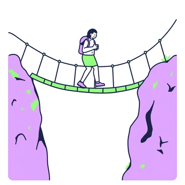 A narrow rope bridge stretches across a chasm, suspended high above rocky cliffs. The bridge is made of thick ropes and wooden planks, swaying slightly in the wind. In the center of the bridge, a person is standing with one foot poised over a plank, looking down into the depths of the chasm. The individual is wearing a backpack and has a concerned expression on their face, as they carefully maintain their balance. Below the bridge, the chasm features steep rocky walls and a hint of vegetation clinging to the sides, creating a dramatic contrast to the heights above.