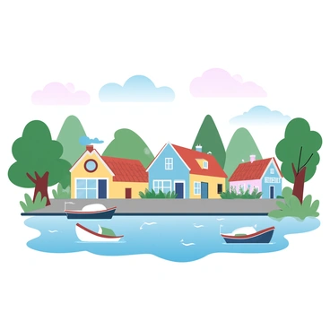 A picturesque Dutch village with canals is depicted in the image. The village features quaint houses with vibrant colors, including shades of blue, yellow, and orange. A calm canal runs through the village, reflecting the colors of the houses. Lush greenery surrounds the area, including trees and flowers along the water's edge. Small boats are anchored in the canal, adding to the charming atmosphere of the scene. A clear sky with soft pastel clouds completes the tranquil composition.