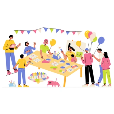 A family-friendly area filled with vibrant colors and cheerful decorations. Children are engaged in various art games and activities, showcasing their creativity. In the center, a large table is covered with papers, crayons, and paintbrushes where kids create their own artworks. Nearby, a group of children is playing a game that involves painting on a large canvas. Balloons in bright colors float above the area, adding to the festive atmosphere. Parents watch and encourage their kids as they enjoy the K-illustration fair.