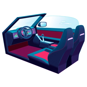 A sleek coupe interior featuring black leather seats with sporty red accents. The dashboard is modern and streamlined, showcasing a digital display panel with vibrant graphics and controls. The steering wheel is wrapped in leather, with red stitching that complements the seat accents. Ambient lighting is integrated throughout the interior, enhancing the sporty atmosphere. The gear shift is positioned ergonomically, with a polished chrome finish that adds a touch of elegance. The windows are slightly tinted, allowing soft light to filter through the cabin.