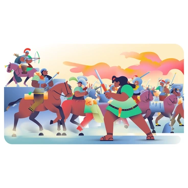 A large-scale ancient battle scene is unfolding with numerous warriors in various forms of armor clashing with swords and shields. In the foreground, a warrior with long black hair is swinging a broad sword at an opponent wearing a horned helmet. Surrounding them are soldiers on horseback charging into the fray, with one rider brandishing a lance. To the left, a group of archers is positioned on a rocky outcrop, drawing their bows with arrows aimed at the advancing enemy. The sky is ablaze with fiery oranges and reds, creating a dramatic backdrop for the chaos of battle. Smoke and dust rise from the ground as the warriors engage, adding to the intensity of the scene.