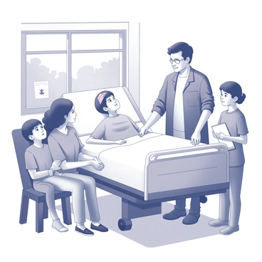 A family supporting a loved one after aneurysm surgery, in a warm hospital room