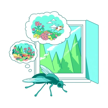 A teal fly is resting on a white windowsill, its wings slightly spread as it appears to be daydreaming. Above the fly, there are multiple thought bubbles filled with vibrant scenes of adventures. One thought bubble shows the fly soaring high above a colorful garden filled with flowers, while another depicts it exploring a bustling kitchen with delicious food. A third thought bubble illustrates the fly navigating through a bright forest with tall trees. The atmosphere is lively and whimsical, emphasizing the fly's imaginative journey.