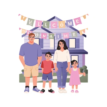 A family of four standing proudly in front of their new house. The father is on the left, with light skin and short brown hair, wearing a blue shirt and khaki shorts. The mother stands next to him on the right, with medium skin and long black hair, dressed in a white blouse and denim jeans. Their son is in the middle, wearing a red t-shirt and blue shorts, while their daughter on the right is wearing a pink dress with white sandals. Above the family, there is a large, colorful "Welcome Home" banner stretched across the front of the house. The house is a two-story structure with light blue siding and white trim, with a green lawn and a few potted plants in front.