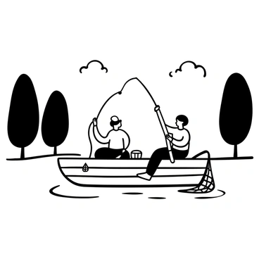 A small wooden boat floating on a calm lake, surrounded by tall trees on the shore. Two friends are seated in the boat, each holding a fishing rod. One friend is casting the line into the water while the other is reeling in a catch, with a small bucket placed beside them. A fishing net is draped over the side of the boat. Soft ripples are visible on the surface of the lake, and a few scattered clouds are reflected in the water.