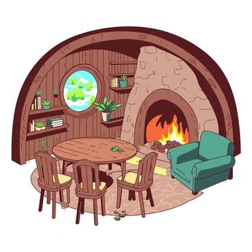 The interior of a cozy hobbit home features warm wooden walls adorned with intricate carvings. A roaring orange fireplace in the center of the room emits a soft glow, casting flickering shadows. In front of the fireplace, there is a plush teal armchair with a knitted blanket draped over one arm. A round wooden table is placed nearby, surrounded by matching wooden chairs, each with unique designs. Shelves filled with colorful books and a few potted plants line the walls. A circular window lets in soft light, revealing lush greenery outside. A woven rug with a pattern sits on the wooden floor, adding to the inviting atmosphere.