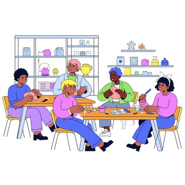 A spacious workshop filled with bright natural light. Several artists are seated at wooden tables, each focused on their craft. One artist is molding a large clay pot with both hands, while another shapes a delicate clay figurine. A third artist is painting a set of colorful clay tiles. On the tables, there are various tools like rolling pins, carving tools, and small containers of paint. Shelves in the background hold finished clay items, showcasing a variety of shapes and designs. The atmosphere is lively and engaging as the artists interact and share ideas.