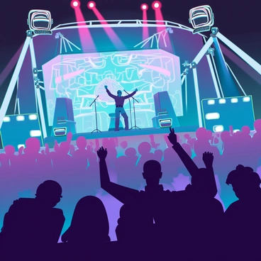 A vivid concert scene filled with a large crowd of enthusiastic fans. The audience is diverse, with individuals of various ages and backgrounds, some with their arms raised high, swaying to the music. Colorful lights are beaming from the stage, casting dynamic patterns over the crowd. The stage is adorned with large speakers and a backdrop displaying intricate visuals that pulsate with the rhythm. A band is energetically performing, with the lead singer passionately engaging with the audience. The atmosphere is electric, highlighting the excitement and joy of a live musical experience.