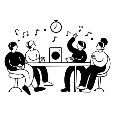 A group of four individuals wearing headphones, each with their own unique style of clothing, sitting around a table with a large speaker in the center. There are various music notes drawn around them, representing the songs being played. Each person has a notepad and a pen, actively writing down their guesses. One individual is leaning forward, appearing focused, while another is gesturing with excitement. A clock on the wall indicates the time for the music quiz. The setting is a simple room with minimal furniture, enhancing the concentration of the group.