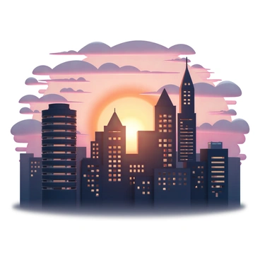 A variety of tall buildings in a city skyline, creating a dramatic silhouette against the backdrop of a vibrant sunset. The sky is filled with a spectrum of colors, including deep oranges, purples, and pinks as the sun sets on the horizon. The buildings have different architectural styles, some with sharp edges and others with rounded features, adding diversity to the skyline. The scene captures the transition from day to night, with the last rays of sunlight reflecting off the windows of the structures.