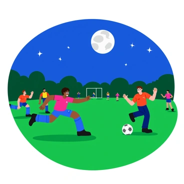 A night scene featuring a thrilling game of soccer being played on a grassy field. The players are in dynamic poses, running and kicking the ball with intensity. Above them, a bright full moon casts a soft glow, illuminating the field just enough for the players to see. The sky is a deep blue with a few scattered stars visible. Excited spectators can be seen in the background, cheering as the game unfolds. The players are wearing colorful jerseys, and the soccer ball is visibly in motion, adding to the excitement of the moment.