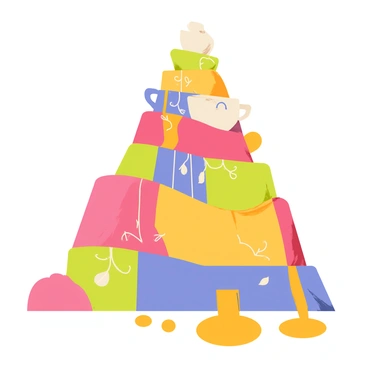 A mountain composed of colorful stacked teacups, each cup featuring unique patterns and designs. The teacups vary in size and are arranged in a cascading manner, creating a sense of height. Streams of warm, brown tea flow from the spouts of the teacups, resembling waterfalls that cascade down the sides of the mountain. Surrounding the base of the mountain are small puddles of tea, reflecting the vibrant colors of the teacups above. A few delicate tea leaves float on the surface of the puddles, adding an extra touch of detail to the scene.