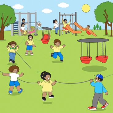 A colorful school playground filled with children enjoying recess. There are several kids playing games of tag on the green grass, their laughter filling the air. In one corner, a group of children is swinging on bright red swings, pushing each other higher with smiles on their faces. Nearby, a girl with curly hair in a yellow dress is jumping rope with a boy wearing a blue cap. Colorful slides and a climbing frame are visible in the background, with a few children eagerly climbing up and sliding down. The sun is shining brightly, creating a cheerful atmosphere.